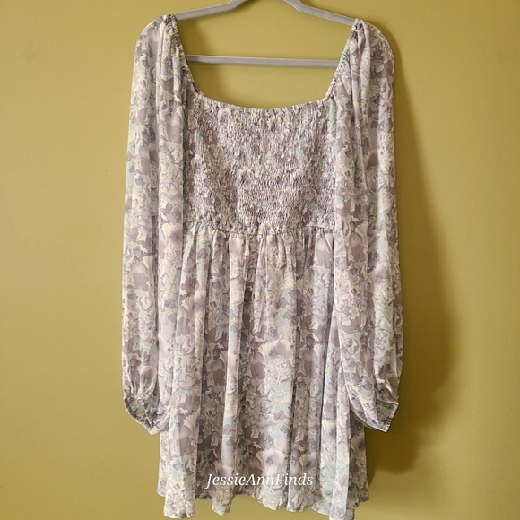 NWT Mittoshop Blue Gray Floral Princess Neckline Boho Midi Dress Size Large - Picture 2 of 15